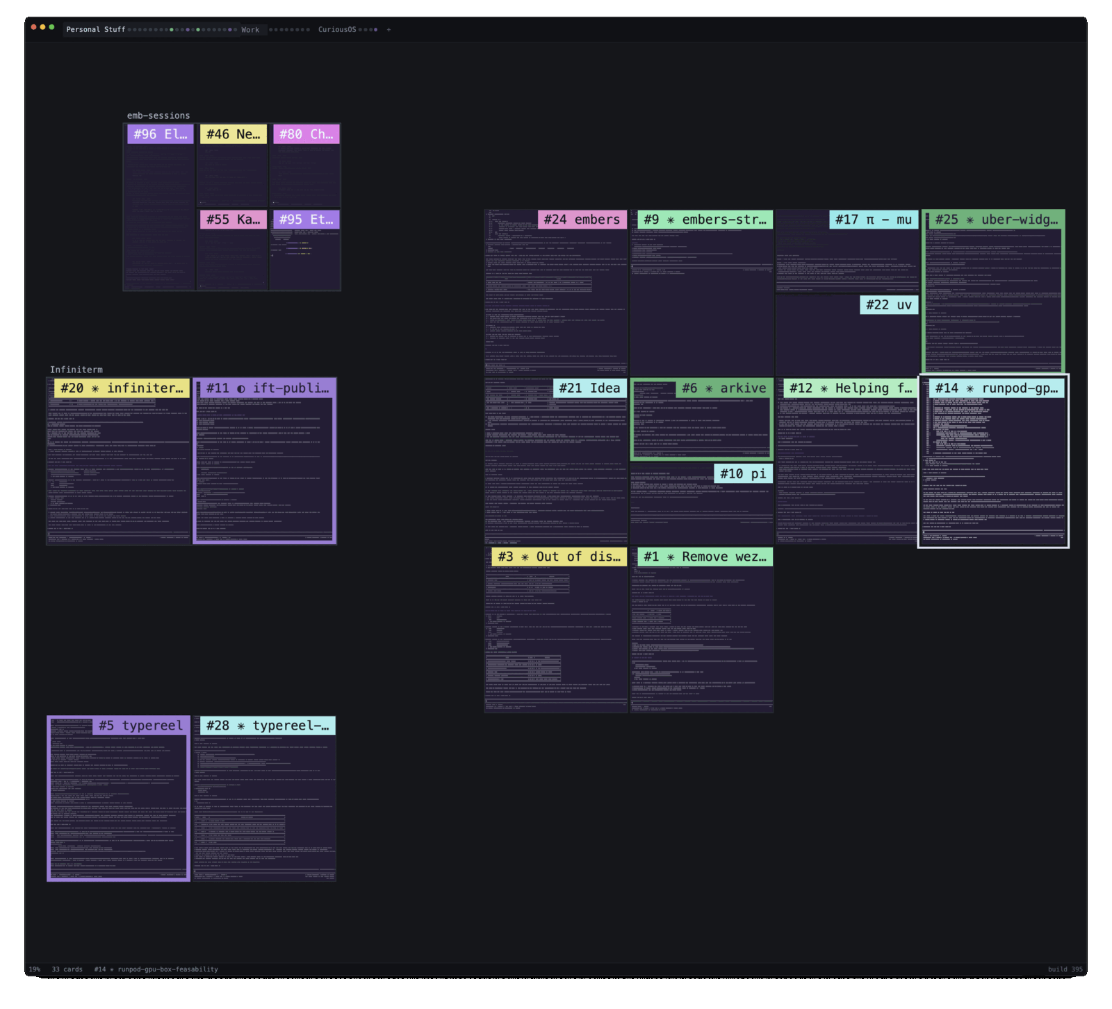infiniterm at 19% zoom: 33 terminal cards on one canvas, their borders violet, yellow and green by each agent&rsquo;s state